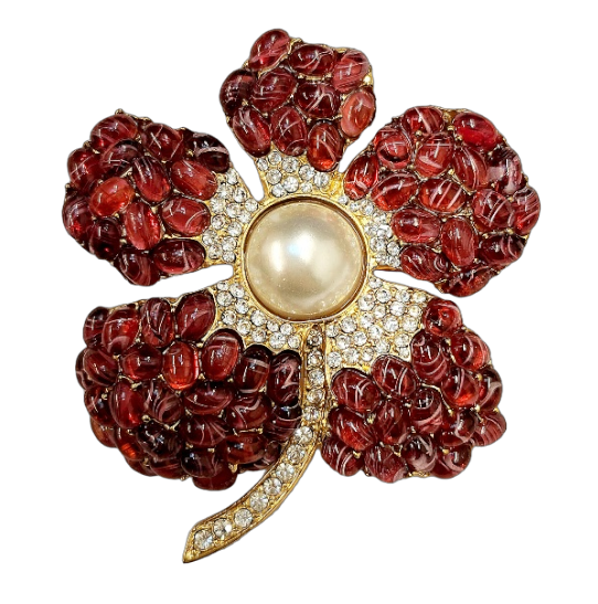 Gold with Rhinestone & Flaw Ruby Cabochons Pearl Center Flower Pin