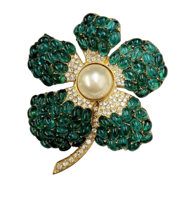 Gold with Rhinestone & Flaw Emerald Cabochon Pearl Center Flower pin
