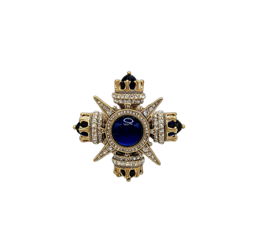 Light Antique Gold with Rhinestone & Sapphire Center Crown Pin