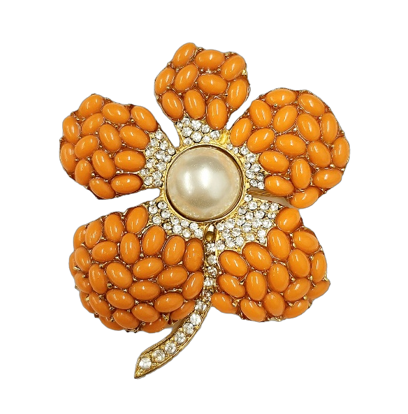 Gold with Rhinestone & Coral Cabochon Pearl Center Flower Pin