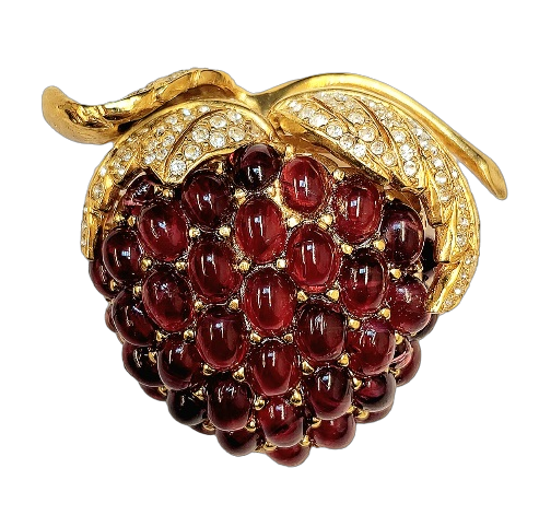 2" Gold with Crystal Leaves Flaw Ruby Cabochons Strawberry Pin