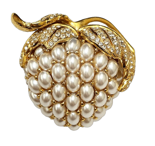 2" Gold with Crystal Leaves Pearl Cabochons Strawberry Pin