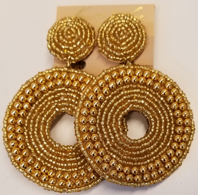 Gold Seed Bead Circle Drop Clip Earring