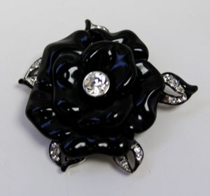Black Resin Flower Pin Black Line and Crystals Leaves