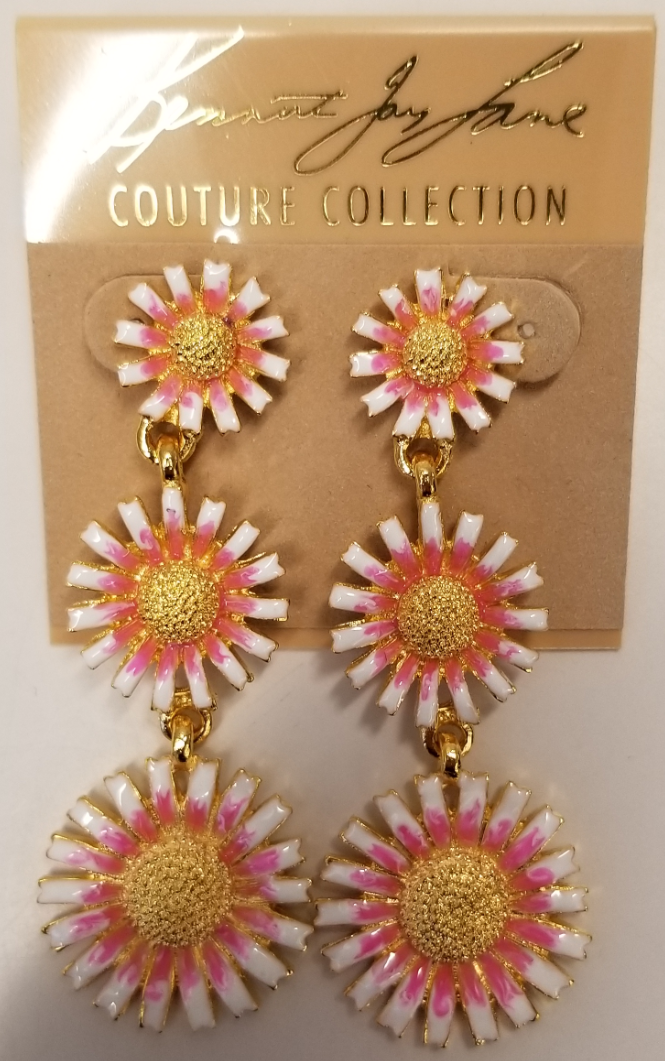 White- Pink 3 Daisy Drop Pierced Earring