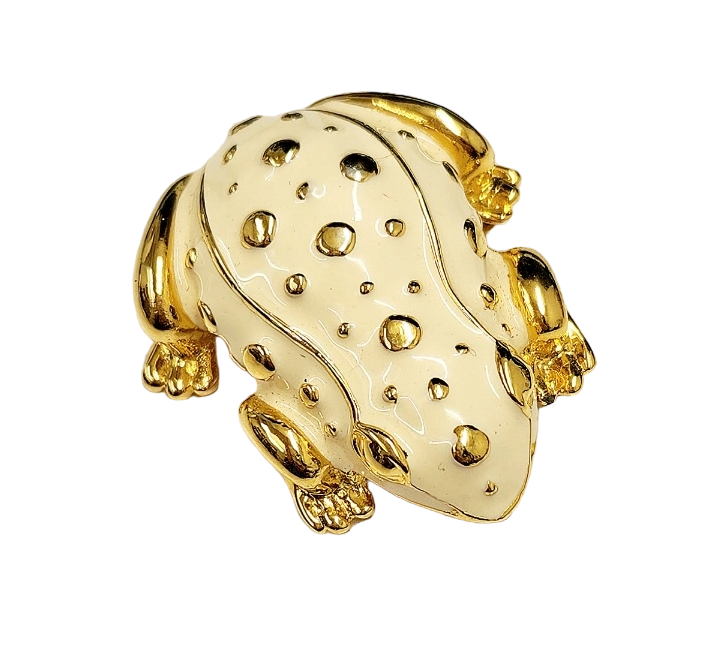 Gold White Enamel Frog Pin
