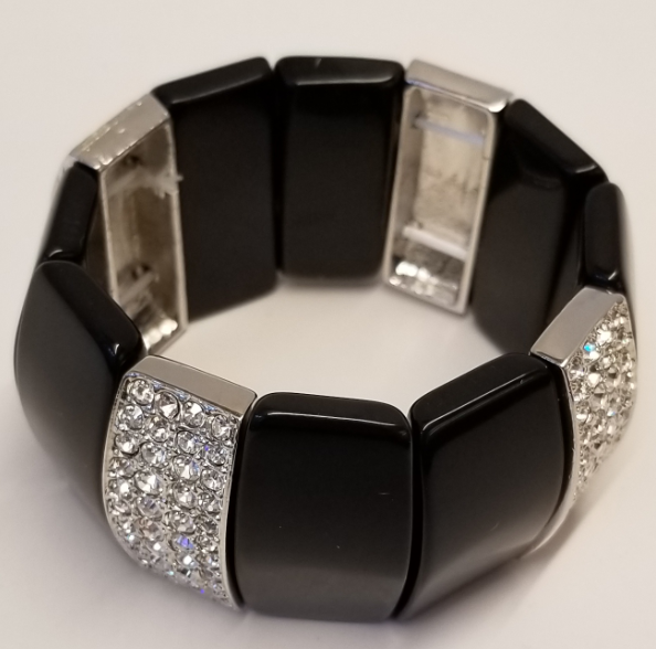 Black Resin Wedges With Four Silver & Crystal Pave' Bars Stretch Bracelet