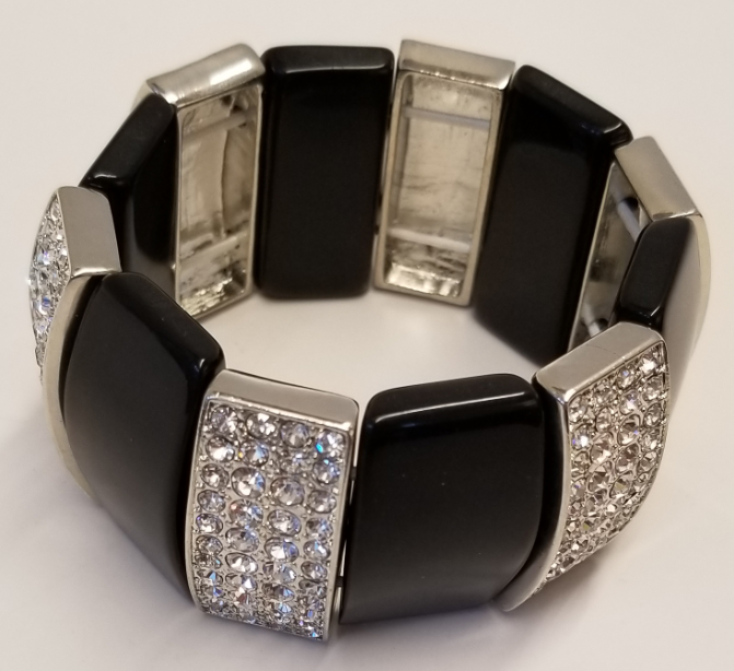 Black Resin Wedges With Six Silver & Crystal Pave' Bars Stretch Bracelet