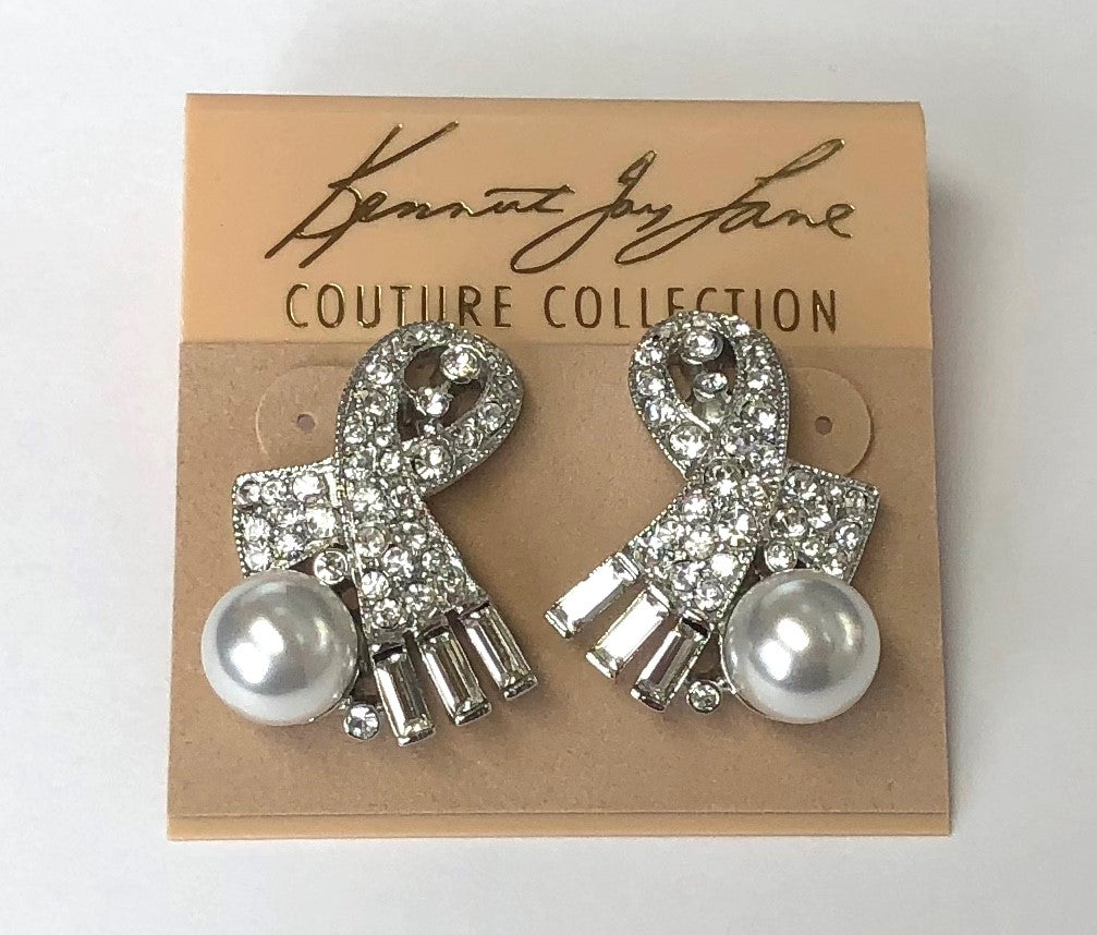 Rhodium Crystal Baguettes Ends White Pearl Pierced Earring