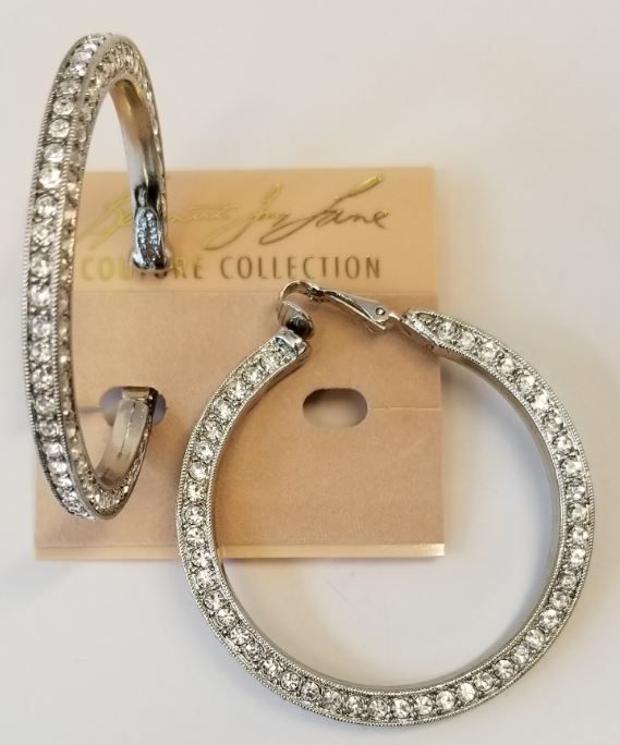 Rhodium Plated Crystal Pave' Large Hoop Clip Earring
