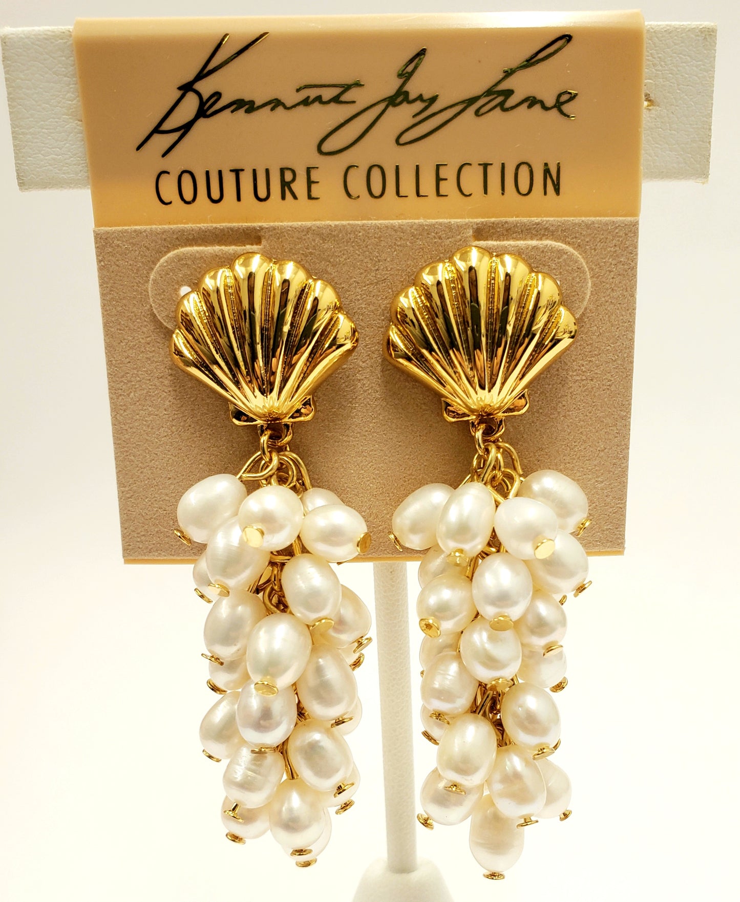 Gold Shell Top with White Pearl Clusters Drop Pierced Earring