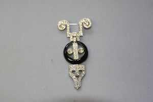 Rhodium-Rhinestone Black Hanging Deco PIn