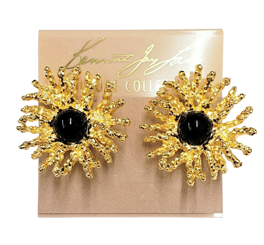 Gold Coral Reef with Black Center Pierced Earring