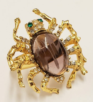 Gold Crystal Spider Ring with Green Eyes And Flaw Amethyst Body