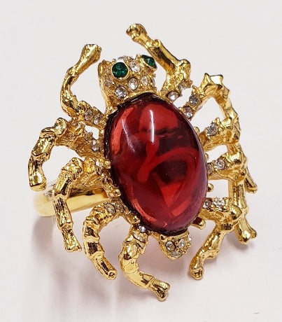 Gold Crystal Spider Ring with Green Eyes And Flaw Ruby Body