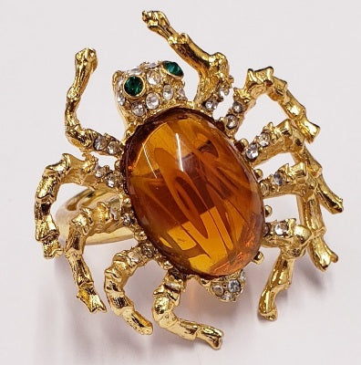 Gold Crystal Spider Ring with Green Eyes And Flaw Topaz Body