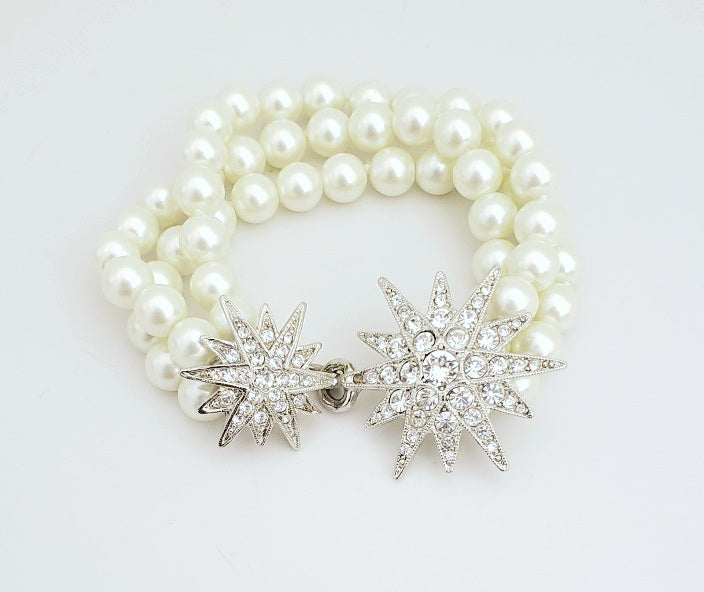 7" 3 Row Light Cultura Pearl Bracelet with Rhodium- Rhinestone Starburst Clasp