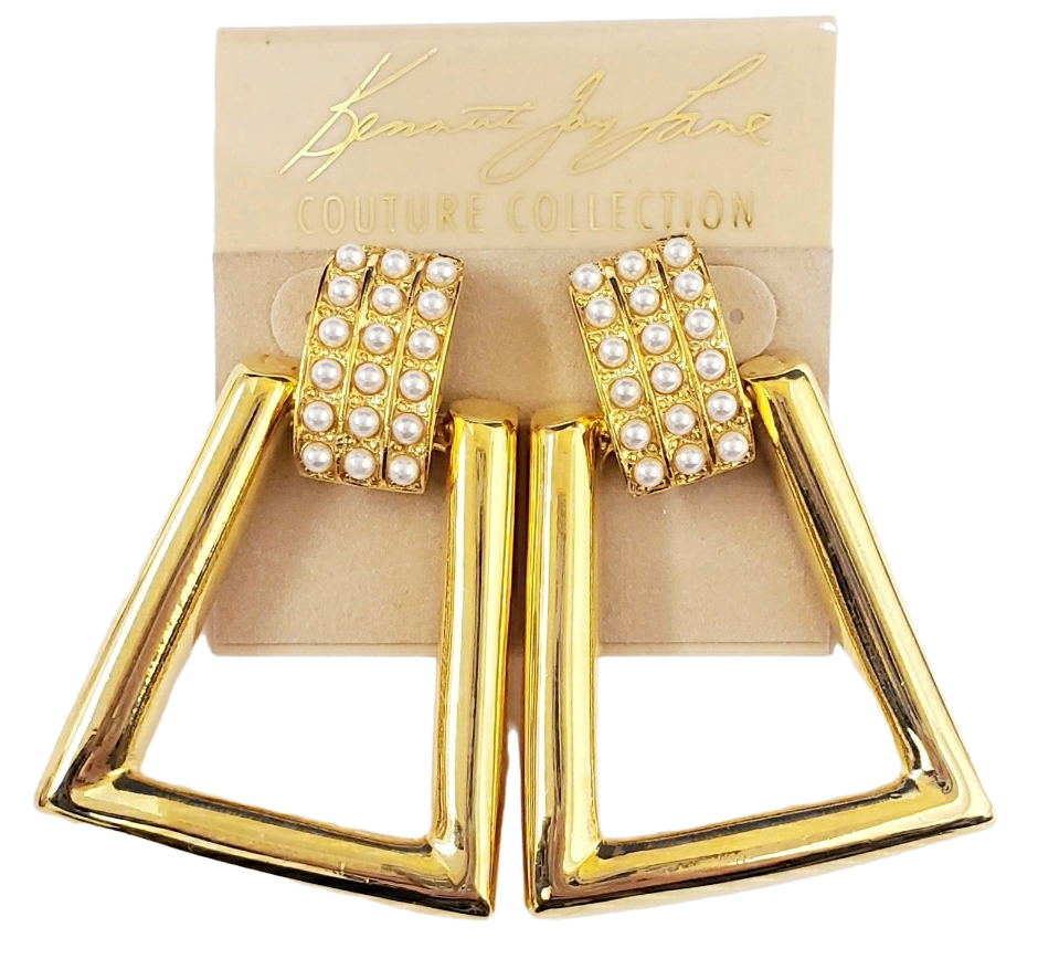 2" 3 Row Pearl Top with Gold Triangle DoorKnocker Pierced Earring