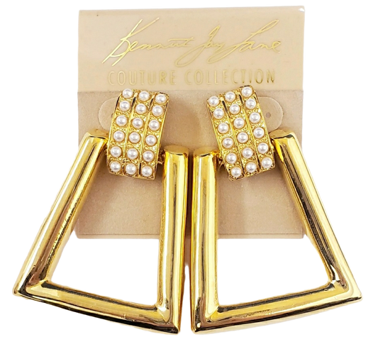 2" 3 Row Pearl Top with Gold Triangle DoorKnocker Pierced Earring