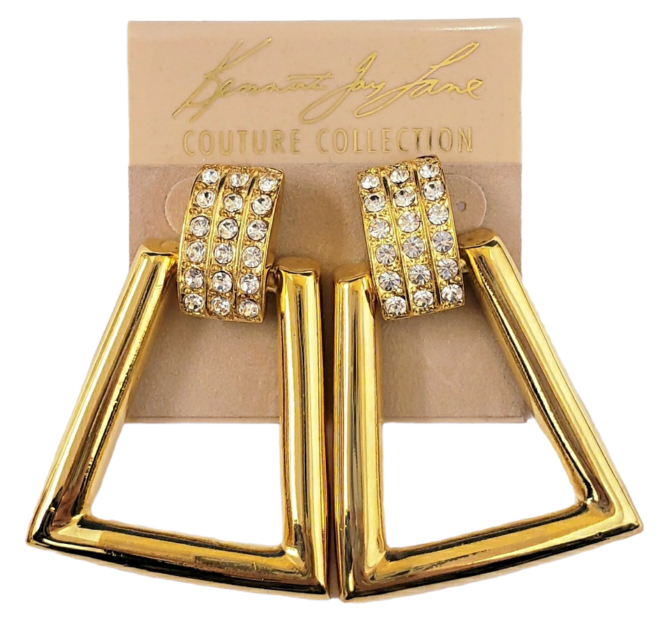 2" 3 Row Crystal Top with Gold Triangle Doorknocker Pierced earring