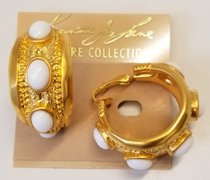 Polished Gold and White Cabochons Hoop Clip Earring