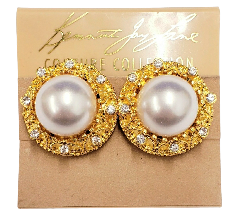 Gold with Crystal & Pearl Center Button Clip Earring