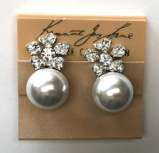 Rhodium Crystals Flower Top And White Pearl Bottom Clip Earring