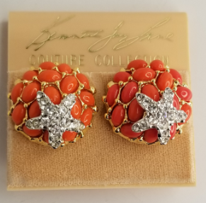Dark Coral Cabachons Silver Crystal Starfish Small Button Clip Earring