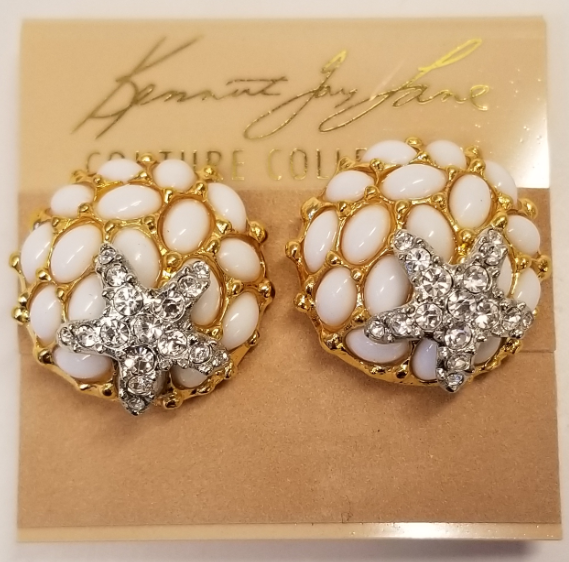 White Cabochon Button Clip Earring With A Starfish