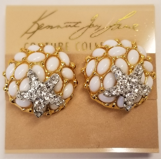 White Cabochon Button Clip Earring With A Starfish