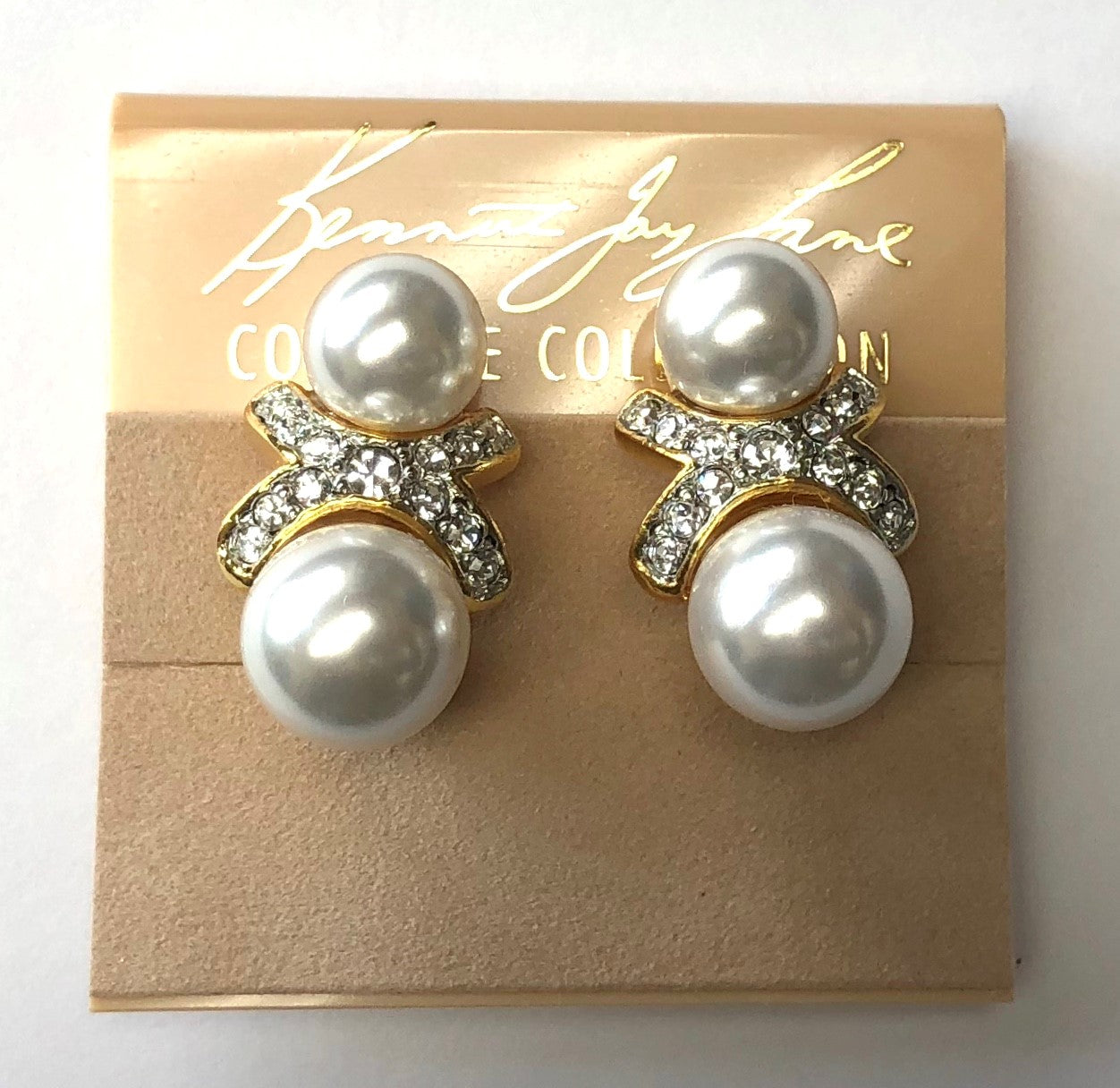 Gold Two Toned Crystals And White Pearl Clip Earring