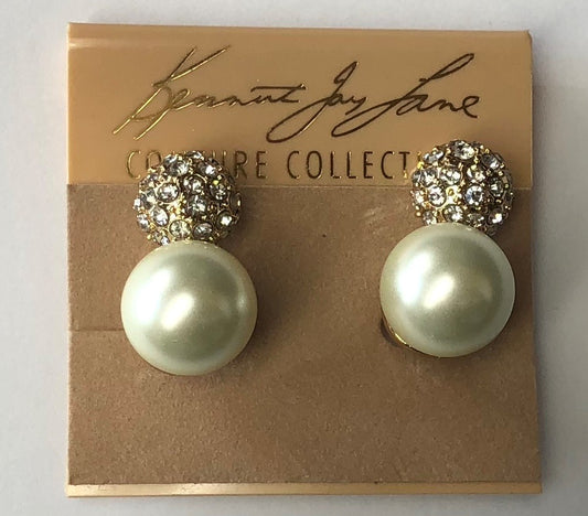 Gold Crystal Pave' Top And White Pearl Bottom Clip Earring