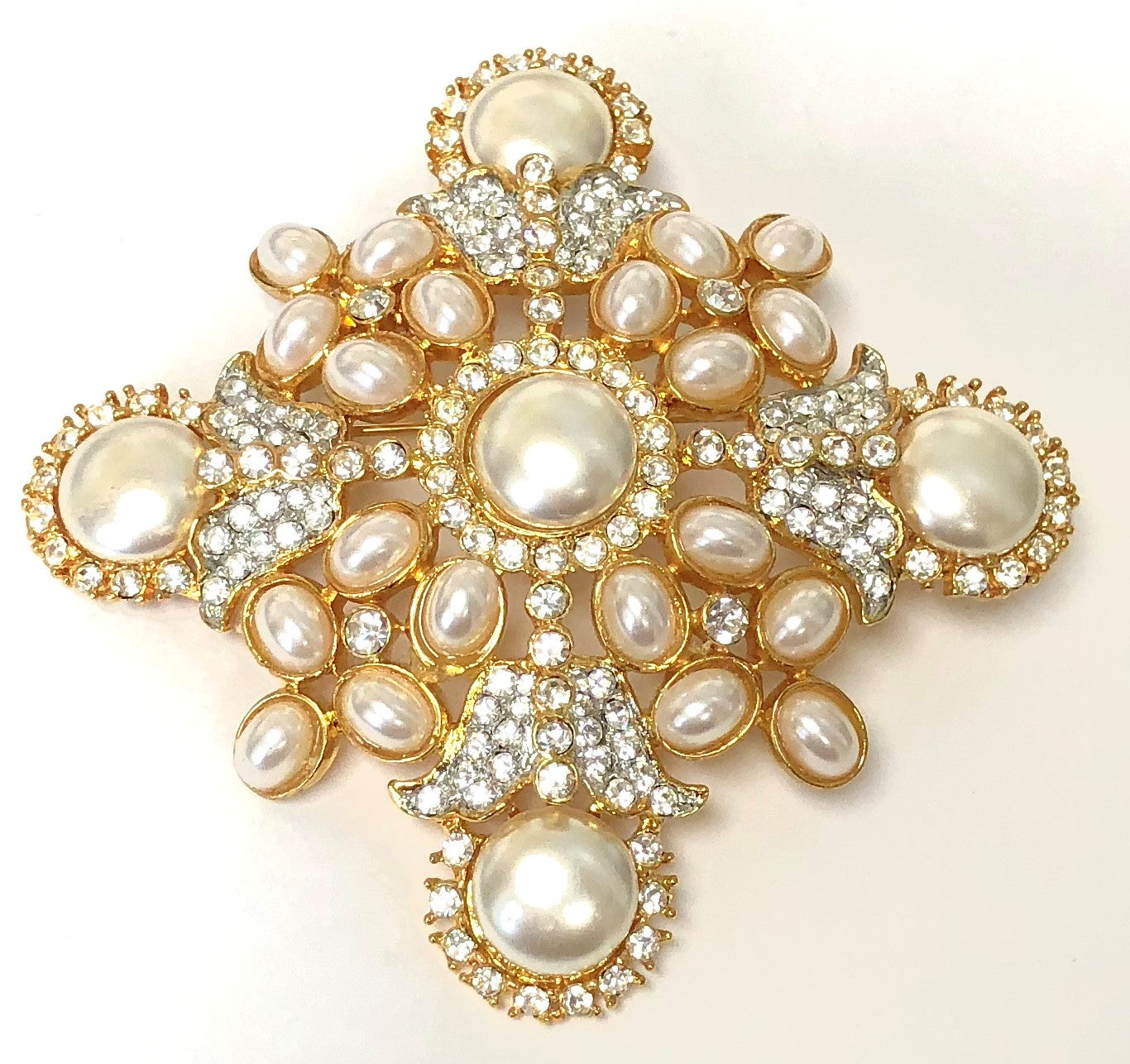 Golds Two Tone Crystals And Pearls Large Maltese Cross Pin-Pendant