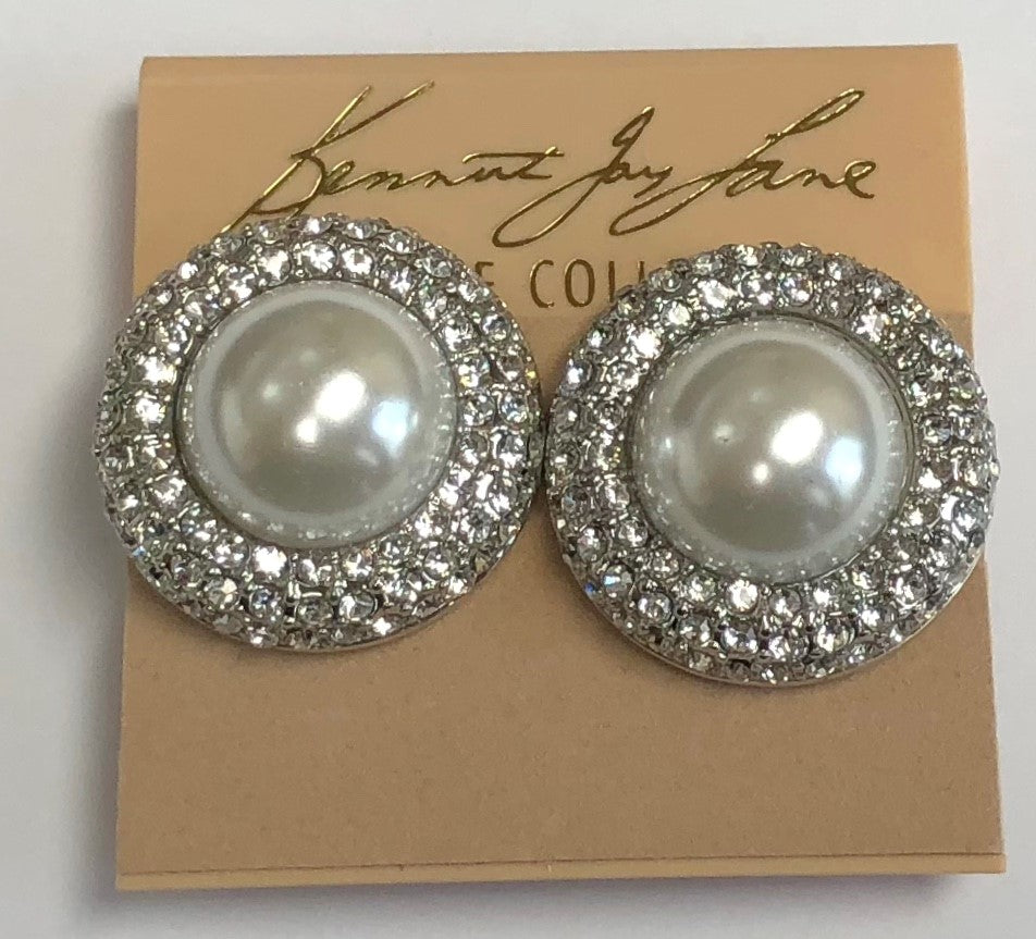 Rhodium Crystals And Pearl Button Clip Earring