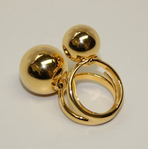 Polished Gold Double Band And Double Ball Adjustable Ring