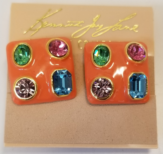 Light Coral and Multi Pastel Gem Square Clip Earring