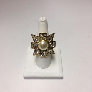 Polished Gold Crystal Pearl Center Maltese Cross Adjustable Ring
