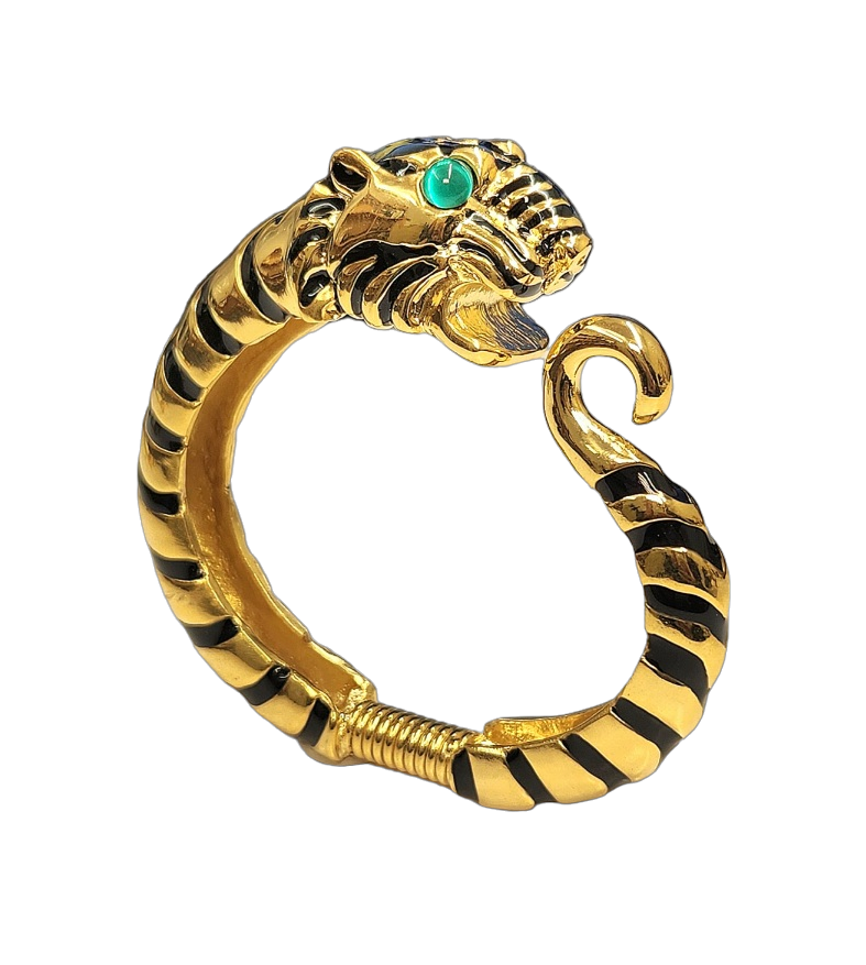 Gold with Black Stripes Tiger Head Green Cab Eyes Spring Hinge Bracelet