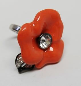 Coral Resin Flower With Black Lined Leaves Ring