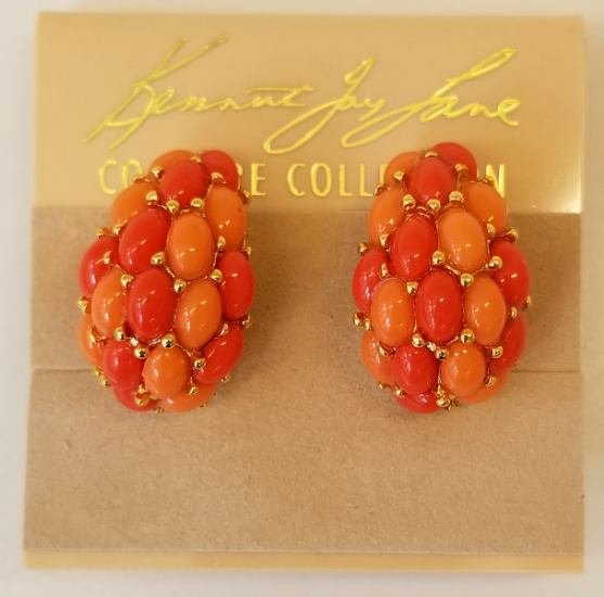 Two Tone Coral Cabachon 1-2 Hoop Earring on Gold