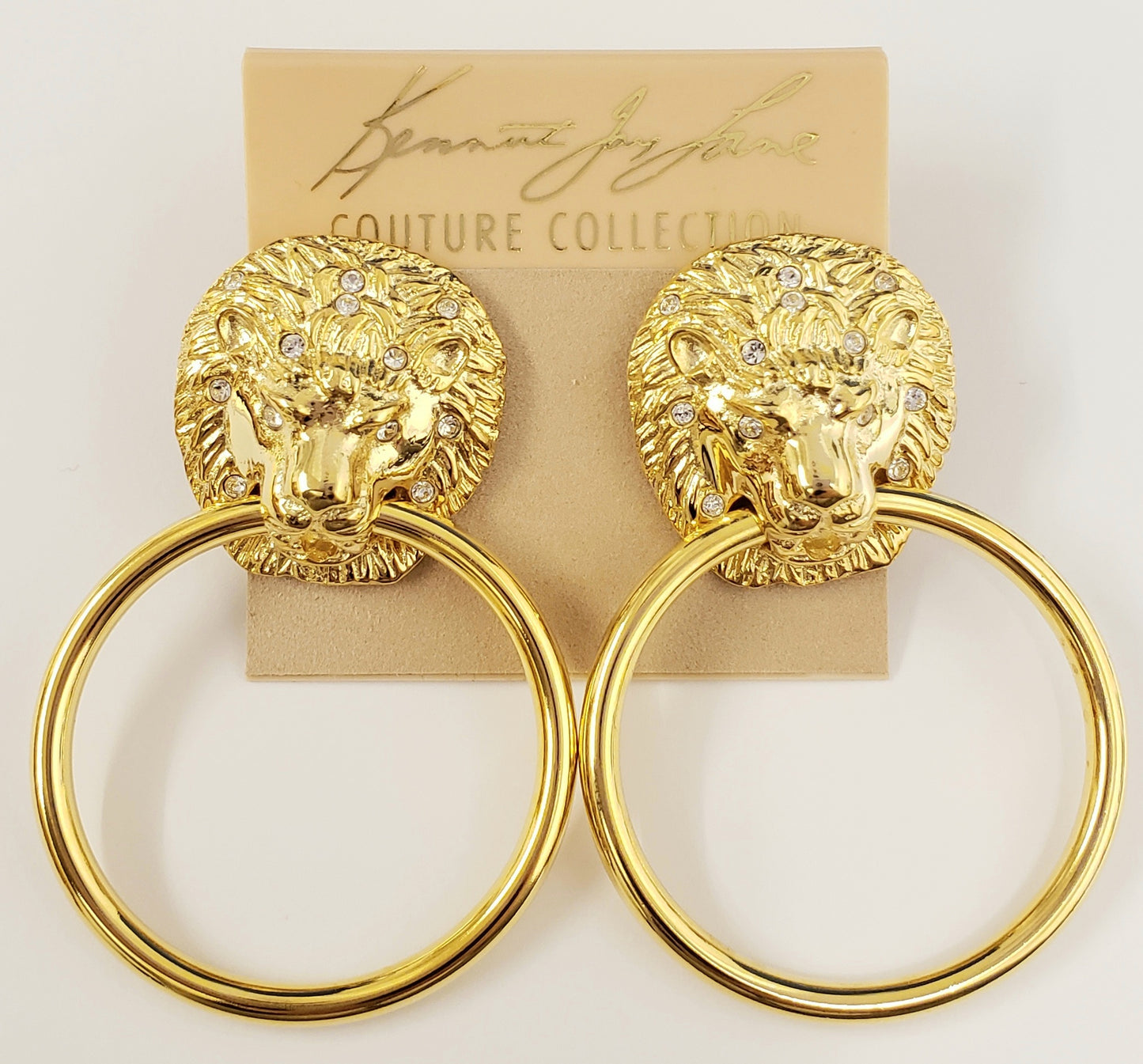 2 1-4" Polished Gold with Crystal LionHead Doorknocker Pierced Earring