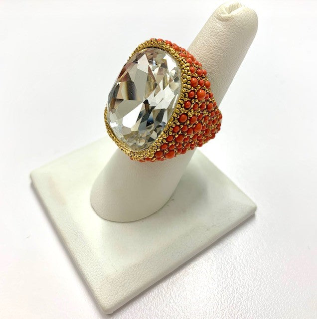 Coral and Crystal Center Stone Ring
