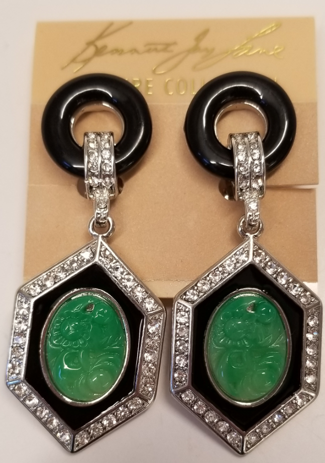 Silver Black Top Carved Jade Drop Deco Clip Earring