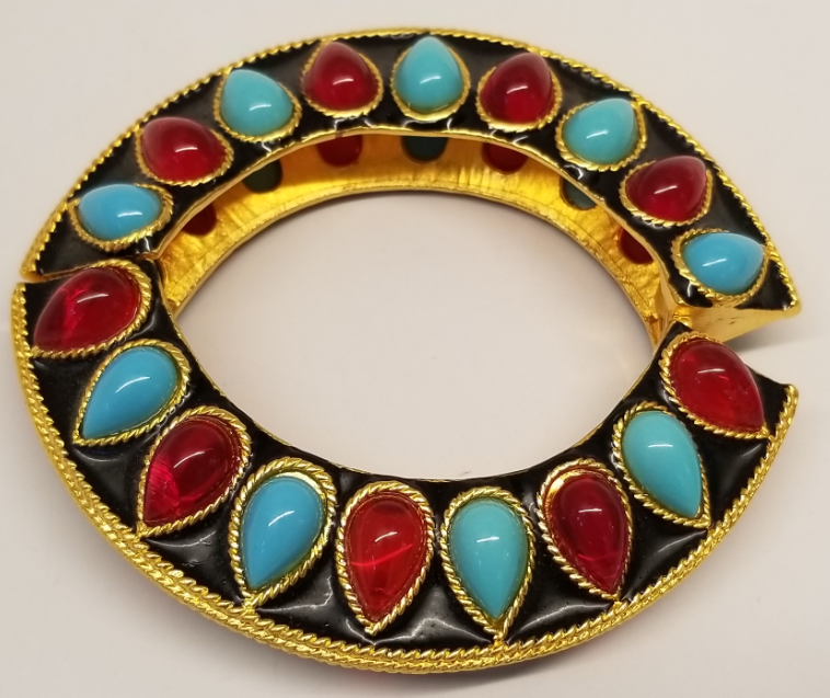 Gold-Black Enamel Turquoise-Ruby Cabochons Bombe' Hinged Bracelet