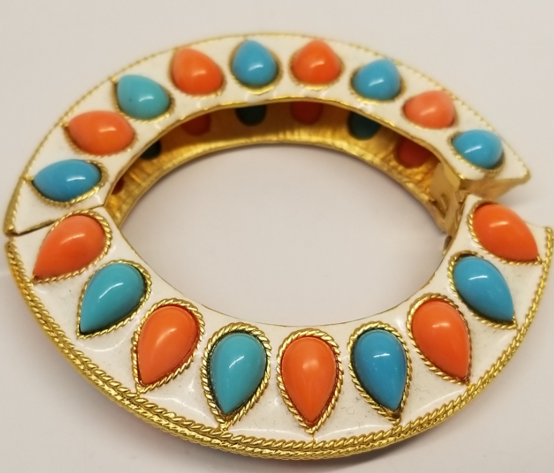 Gold-White Enamel Turquoise-Coral Cabochons Bombe' Hinged Bracelet