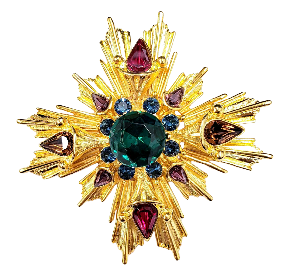 Gold with Dark Multi Gem & Emerald Center Maltese Pin