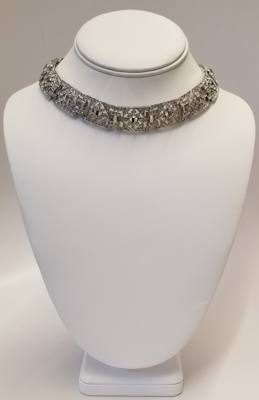 Silver And Crystal Art Deco Link Dog Collar Necklace