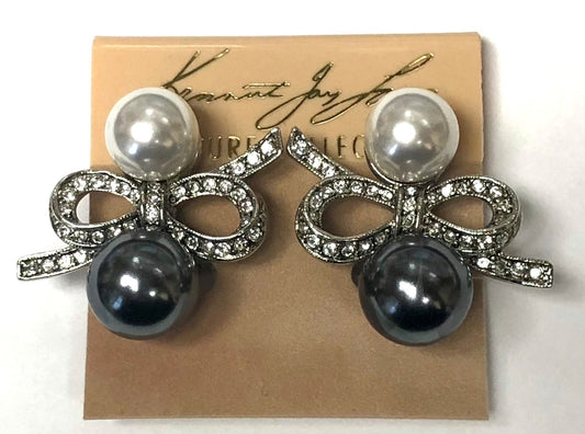 Rhodium Crystals White Top And Gray Bottom Pearl Bow Clip Earring