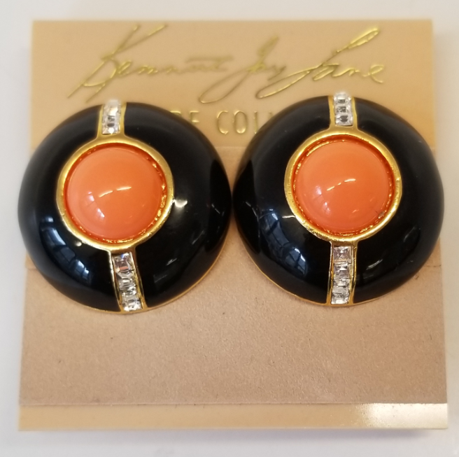 Black and Crystal Lines Light Coral Center Button Earring