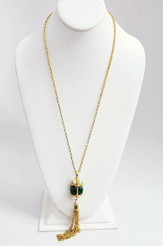 5" Gold Tassel w- Flawed Emerald Cabochons and White Pearls Pendant on 32" gold chain necklace